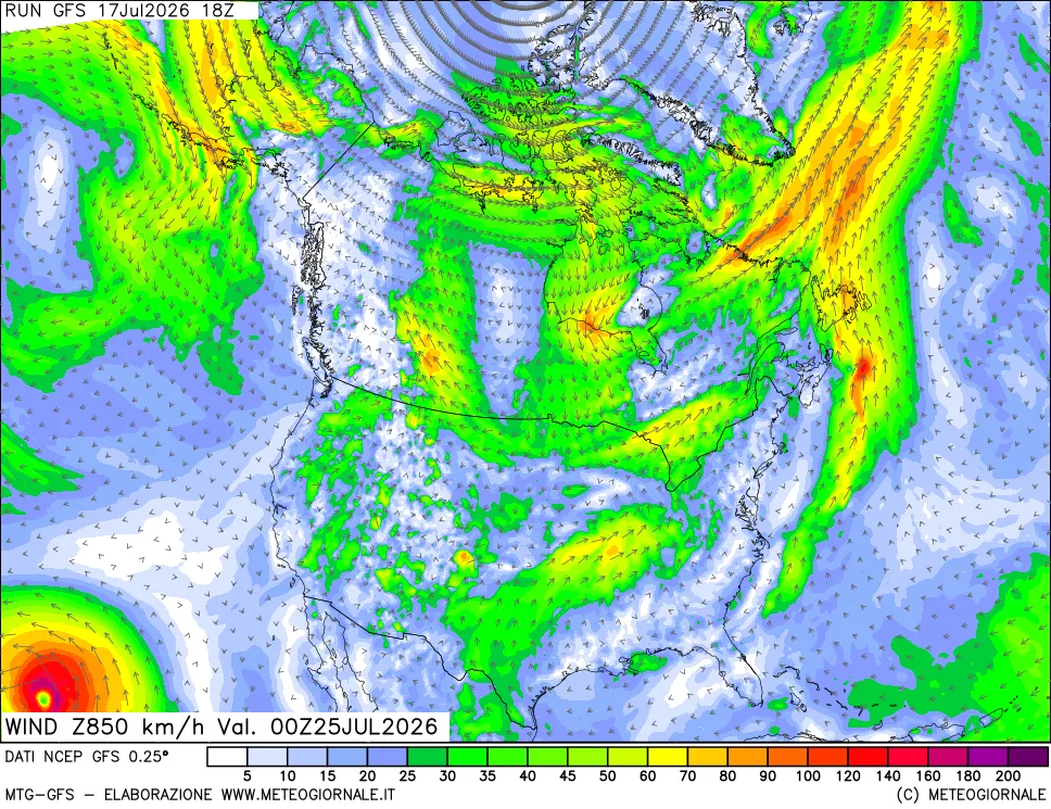 mappa 850 hPa Vento forza e direzione