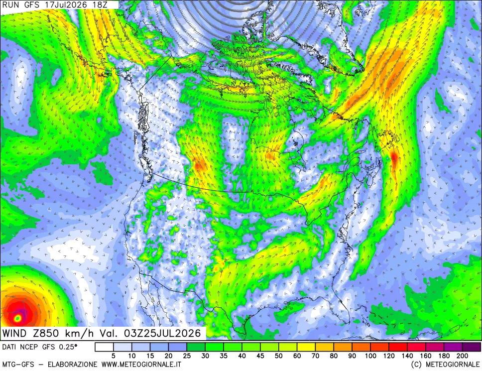 mappa 850 hPa Vento forza e direzione