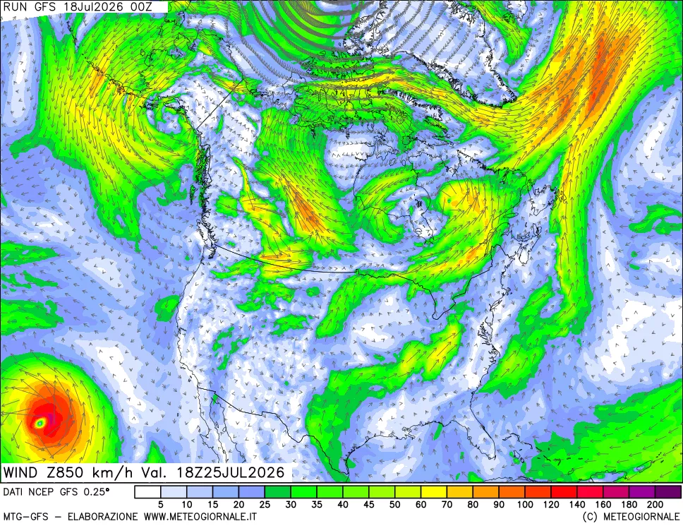 mappa 850 hPa Vento forza e direzione