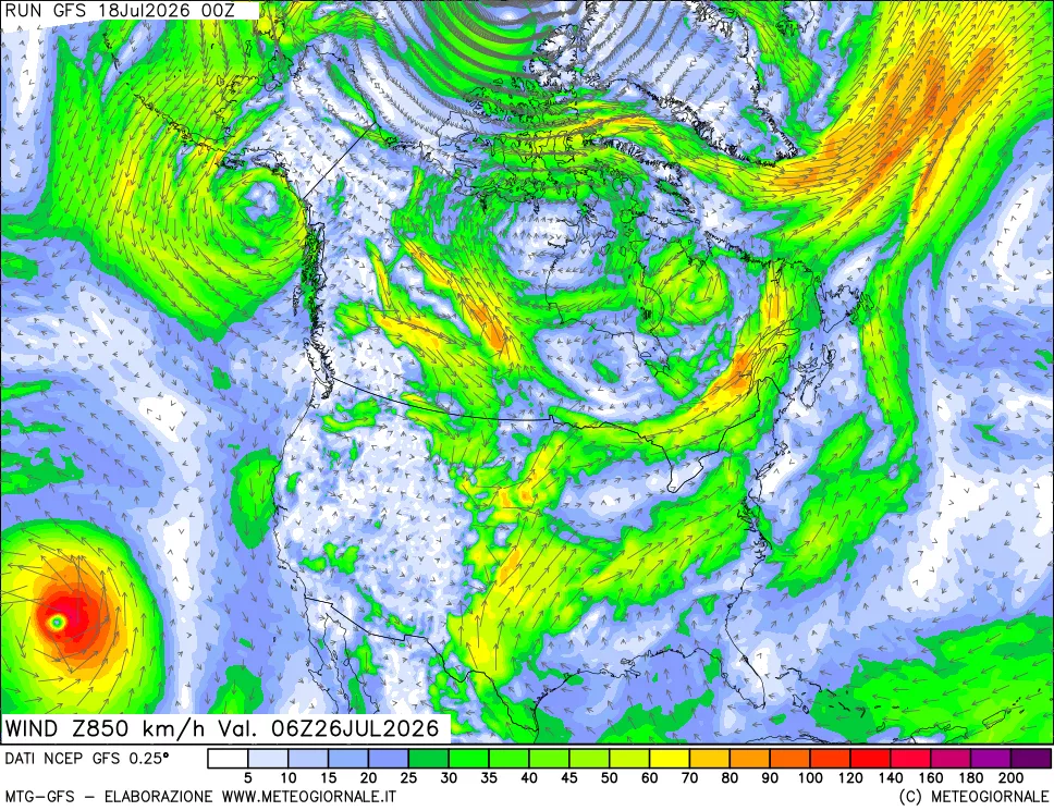 mappa 850 hPa Vento forza e direzione
