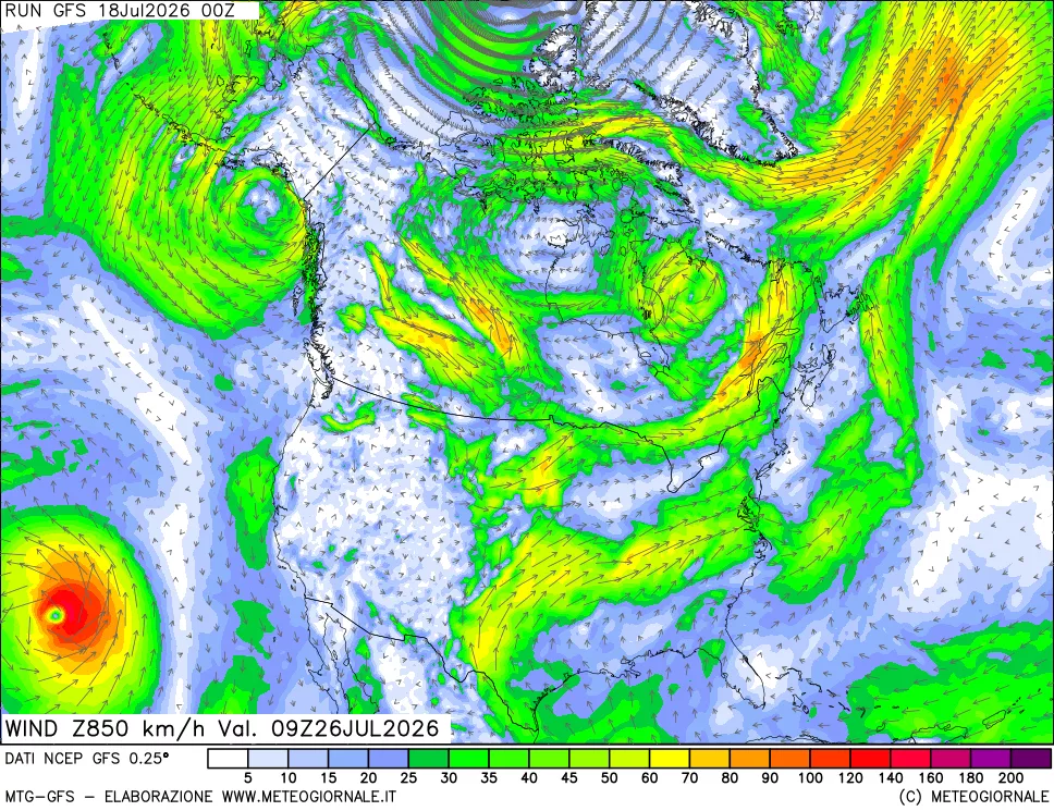 mappa 850 hPa Vento forza e direzione
