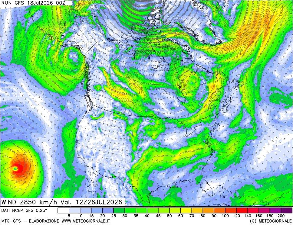 mappa 850 hPa Vento forza e direzione