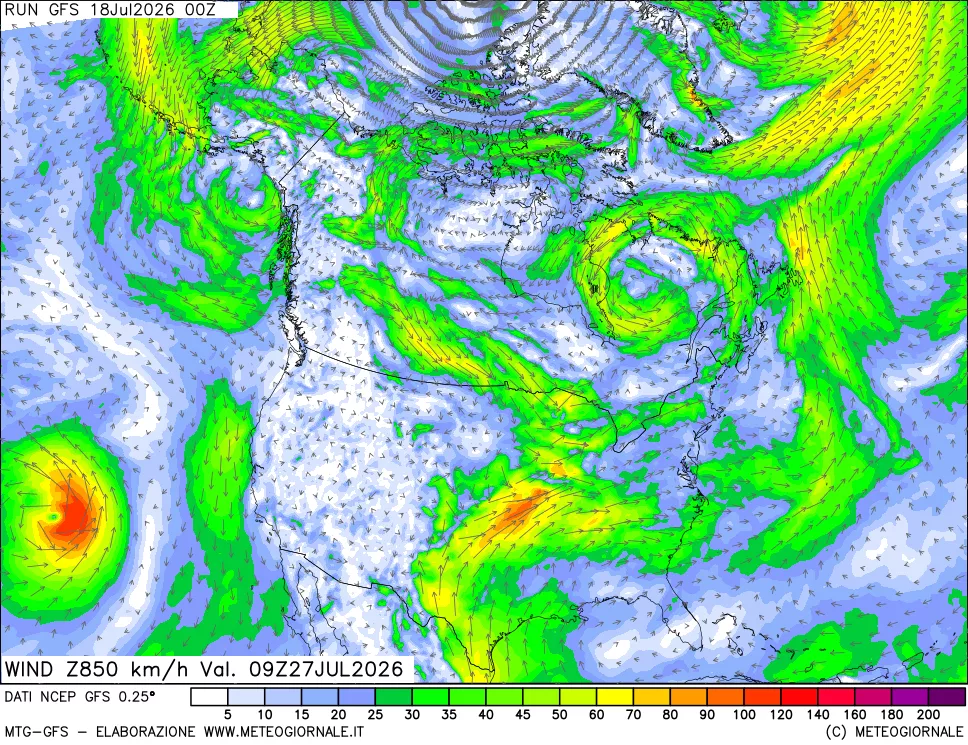 mappa 850 hPa Vento forza e direzione
