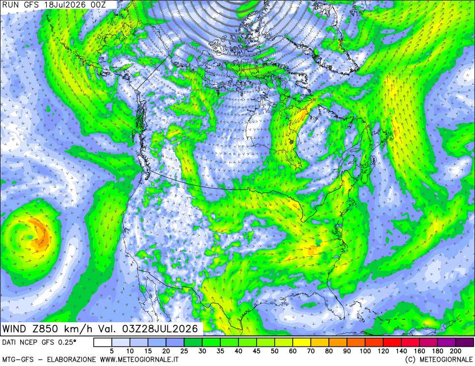 mappa 850 hPa Vento forza e direzione