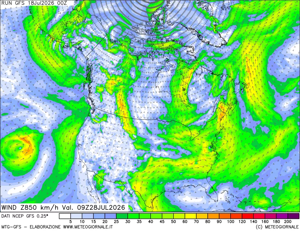 mappa 850 hPa Vento forza e direzione