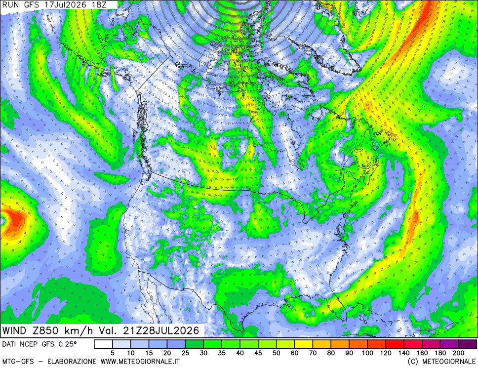 mappa 850 hPa Vento forza e direzione