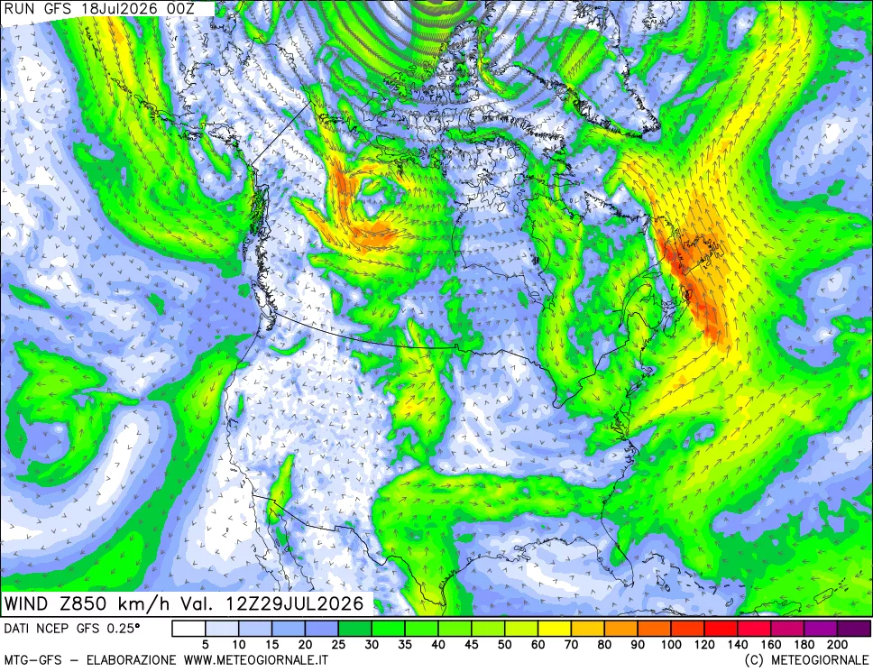 mappa 850 hPa Vento forza e direzione