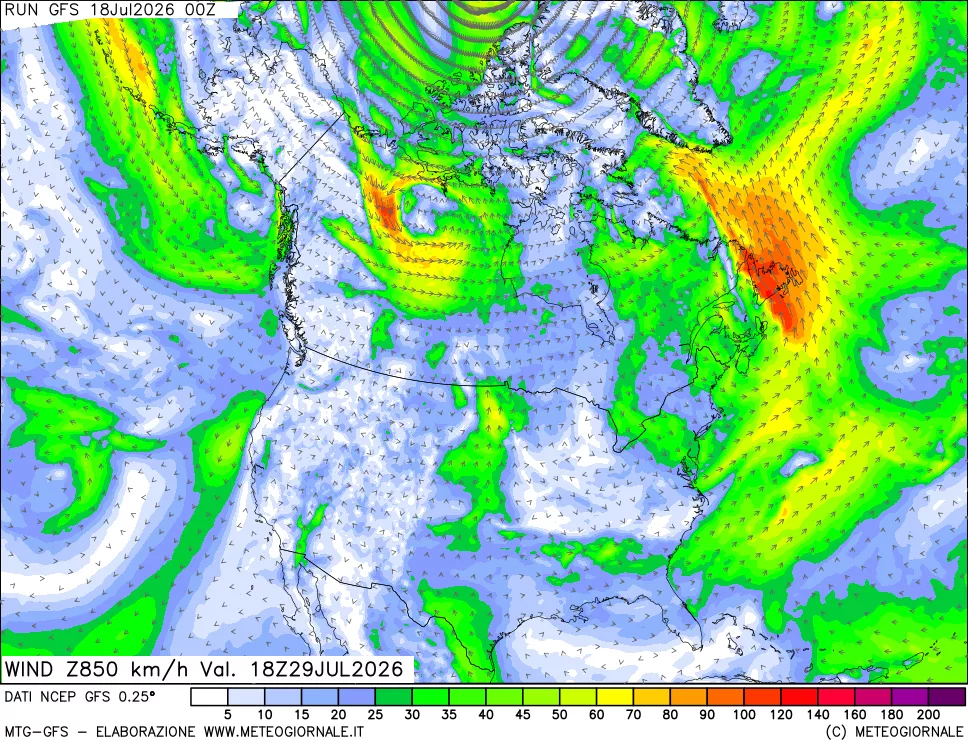 mappa 850 hPa Vento forza e direzione
