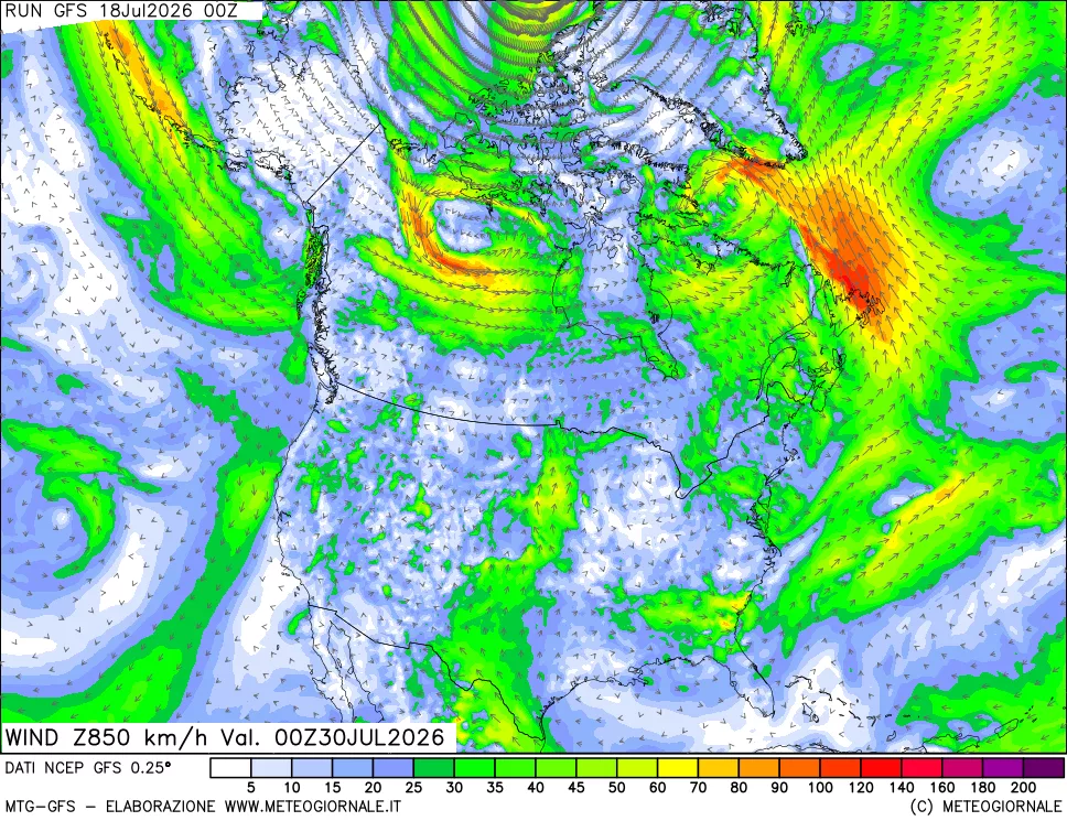 mappa 850 hPa Vento forza e direzione