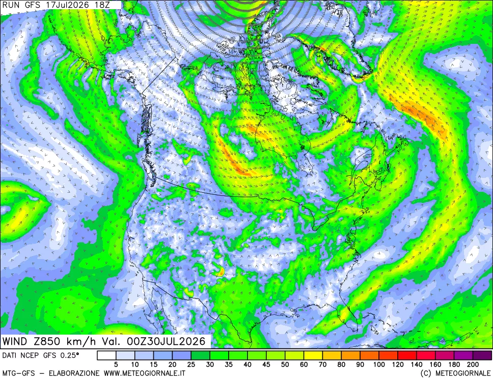 mappa 850 hPa Vento forza e direzione