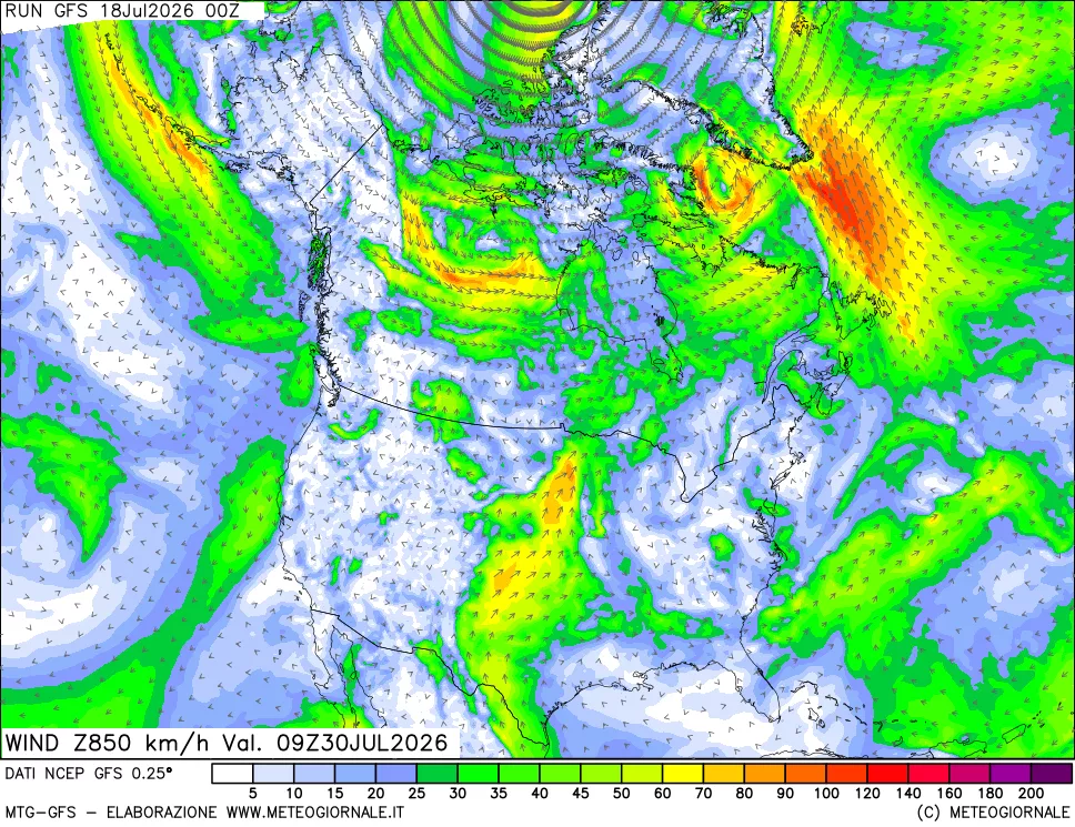 mappa 850 hPa Vento forza e direzione