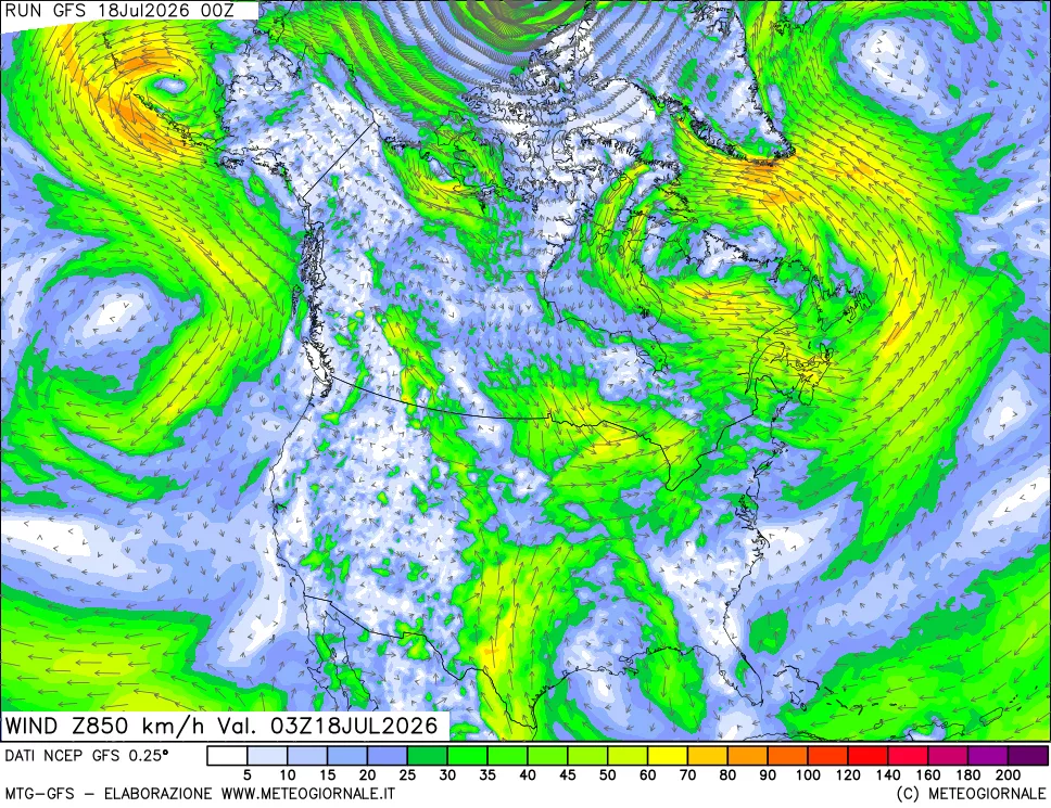 mappa 850 hPa Vento forza e direzione