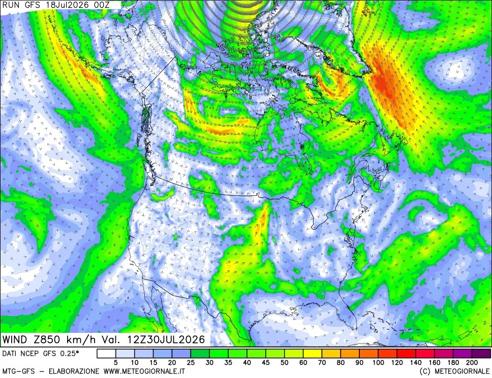 mappa 850 hPa Vento forza e direzione
