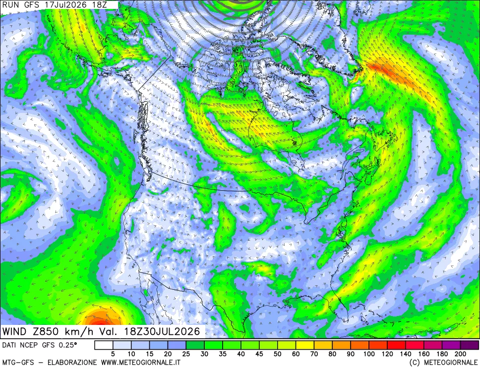mappa 850 hPa Vento forza e direzione