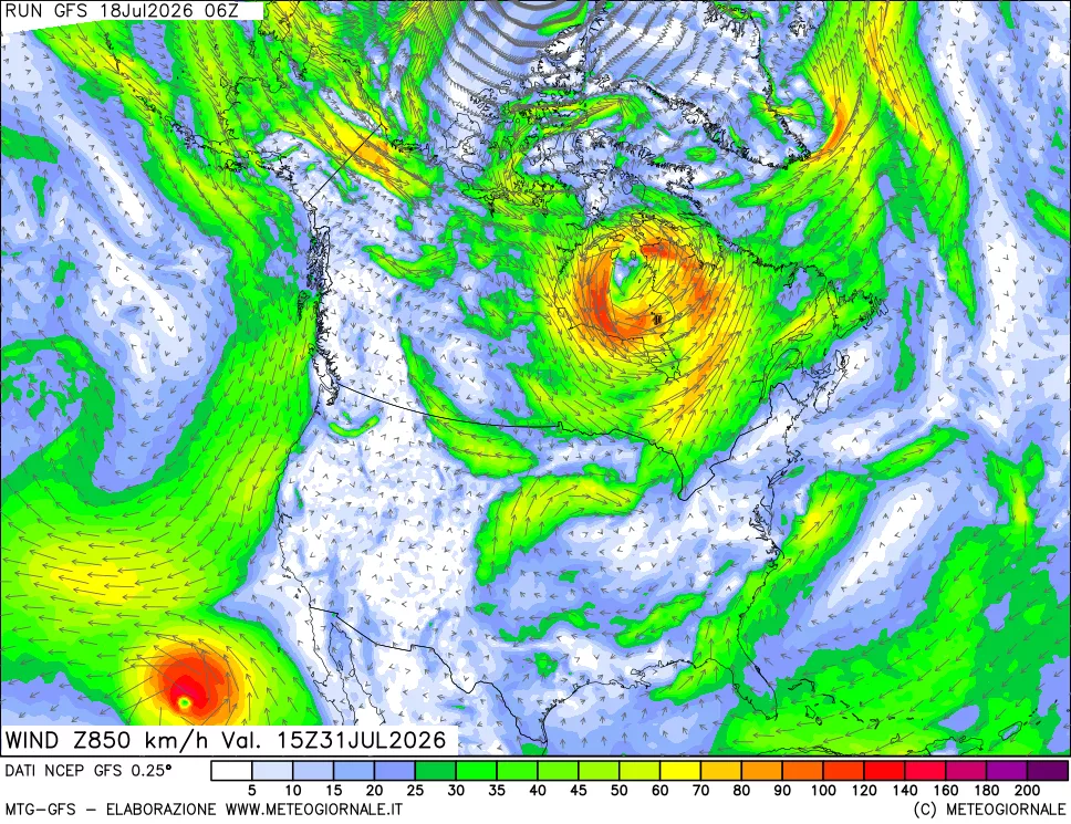 mappa 850 hPa Vento forza e direzione