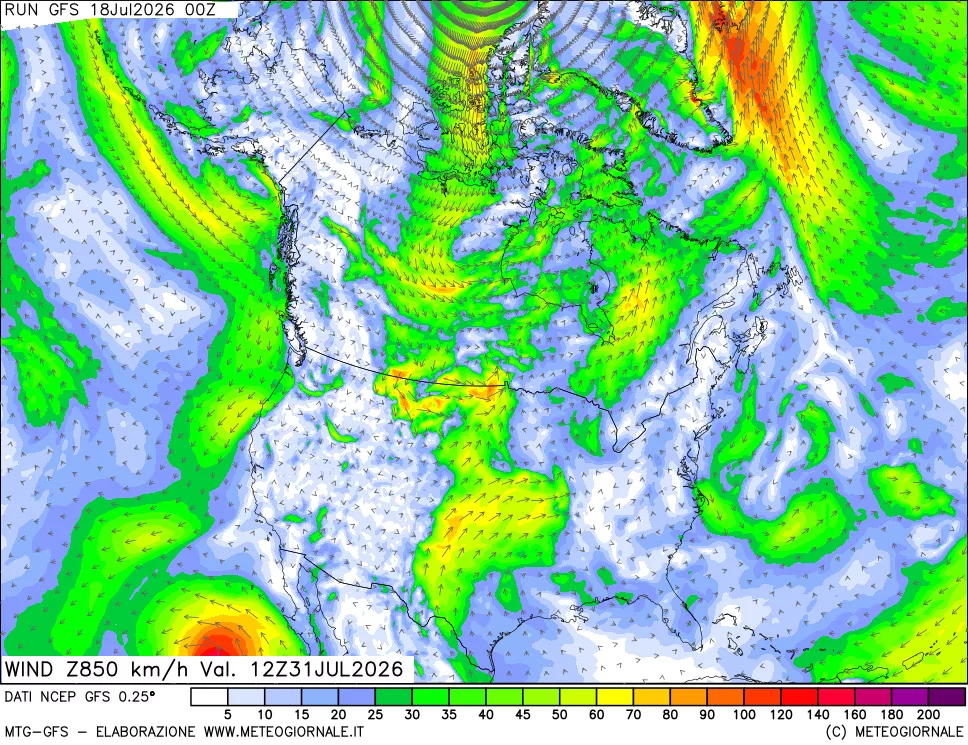 mappa 850 hPa Vento forza e direzione