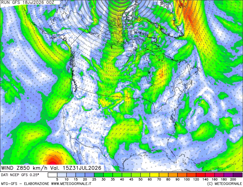 mappa 850 hPa Vento forza e direzione
