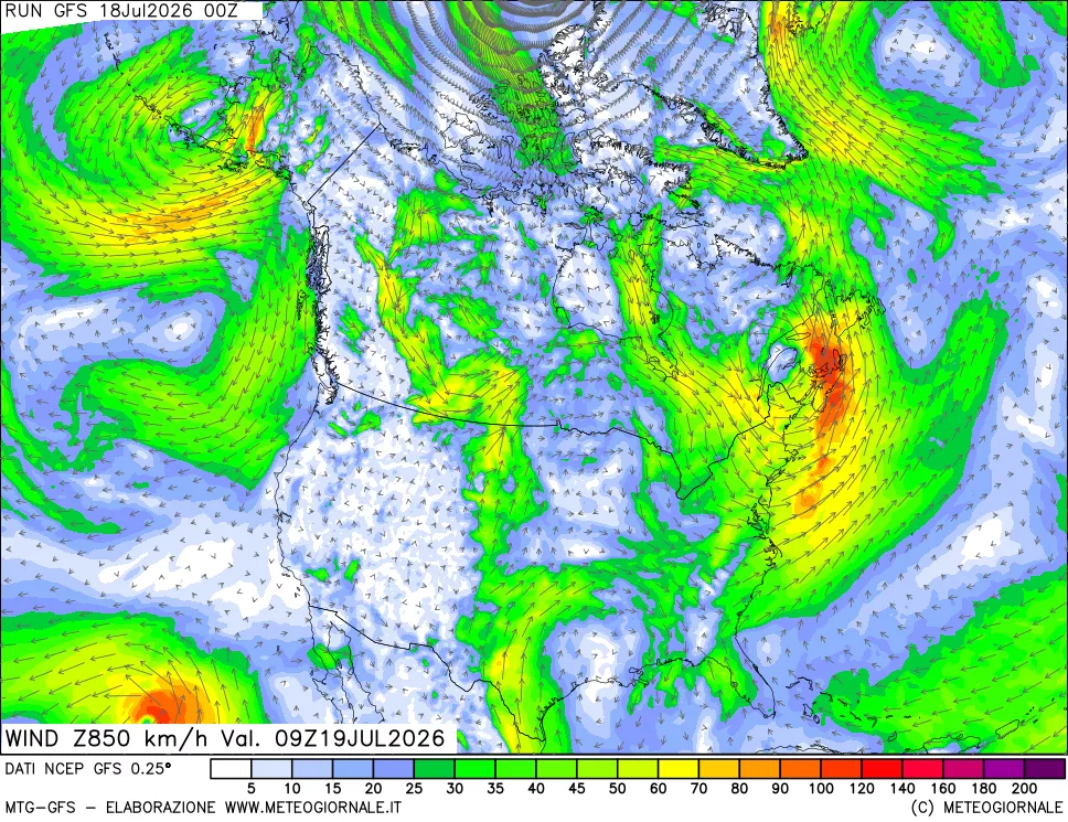 mappa 850 hPa Vento forza e direzione