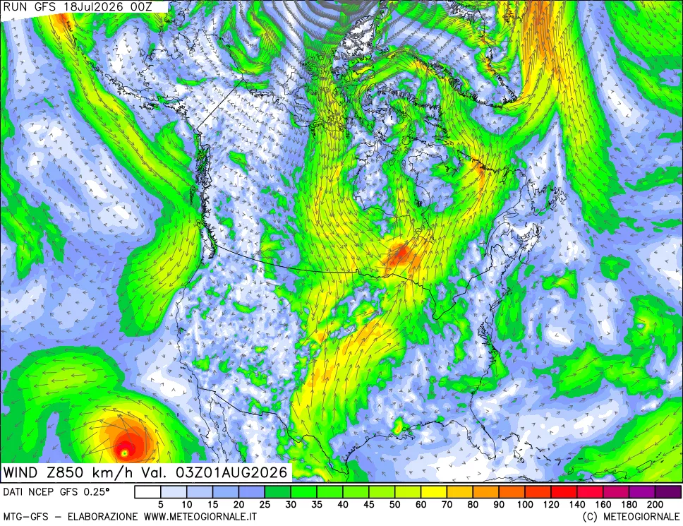 mappa 850 hPa Vento forza e direzione