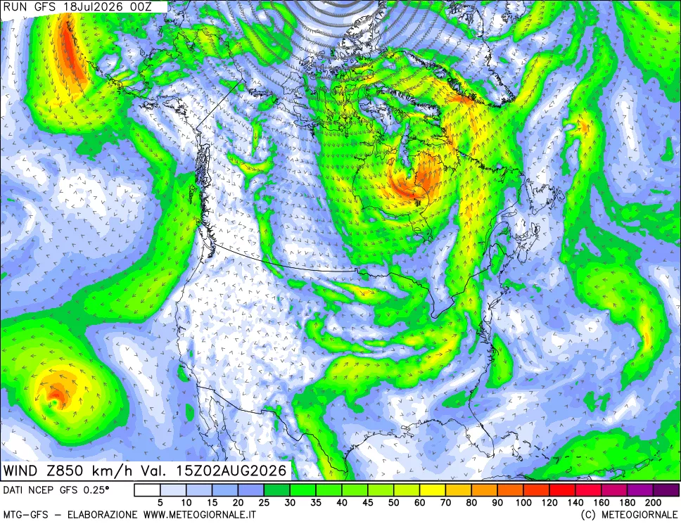 mappa 850 hPa Vento forza e direzione