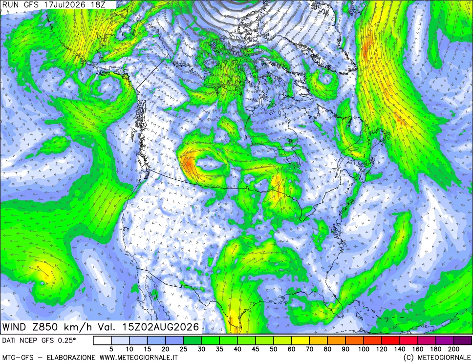 mappa 850 hPa Vento forza e direzione