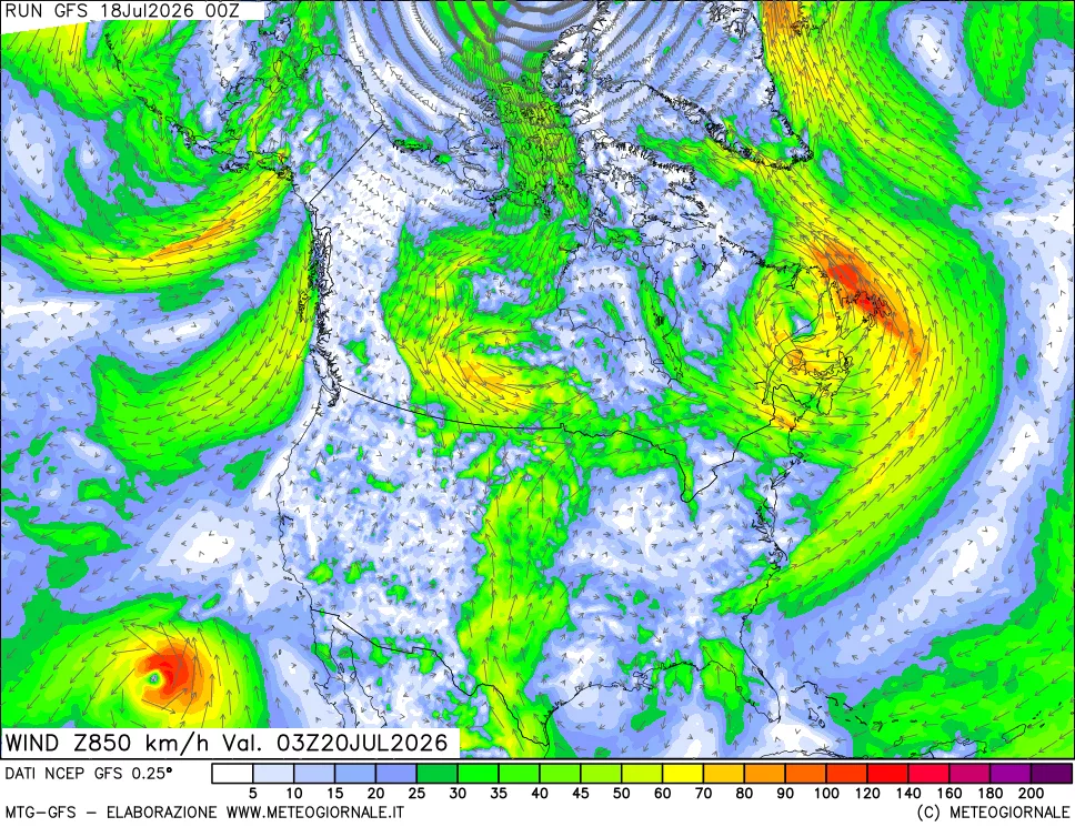 mappa 850 hPa Vento forza e direzione