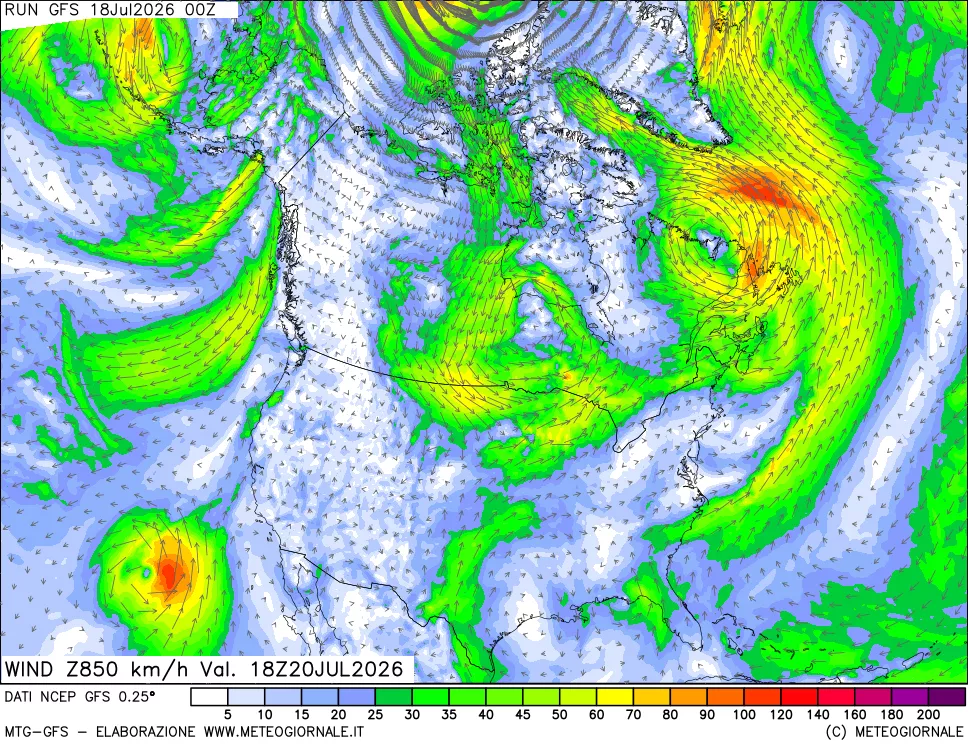 mappa 850 hPa Vento forza e direzione