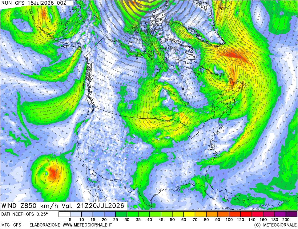 mappa 850 hPa Vento forza e direzione