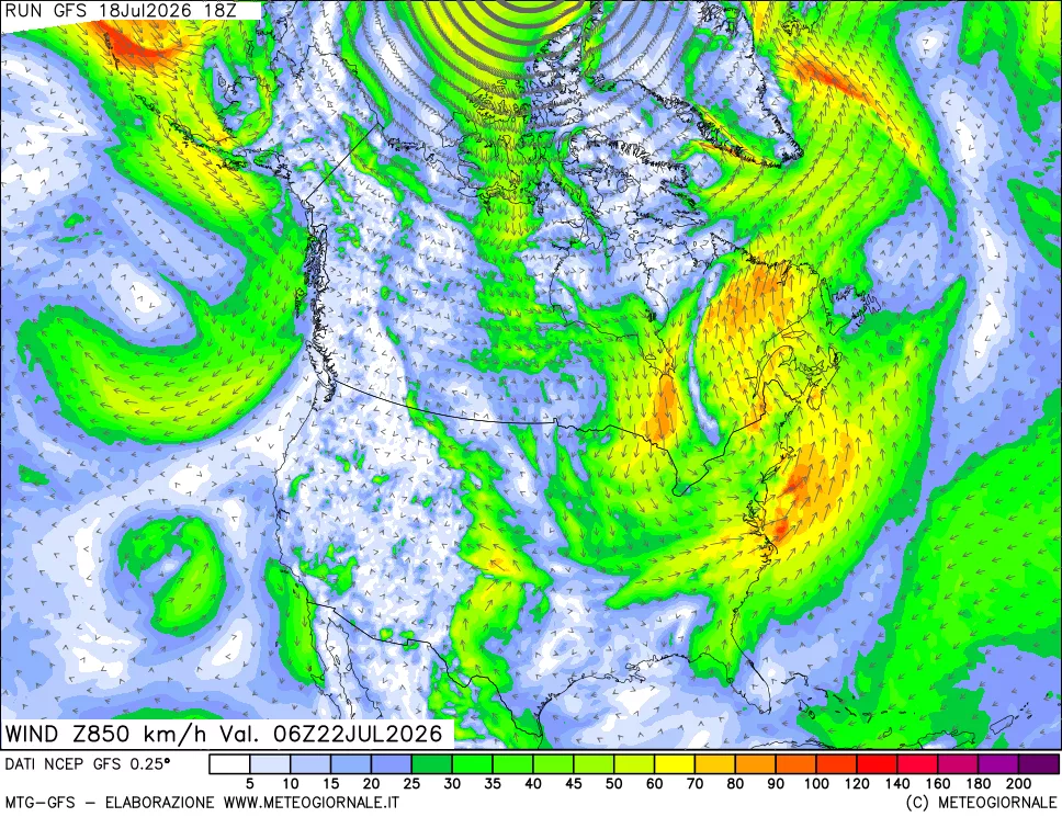 mappa 850 hPa Vento forza e direzione