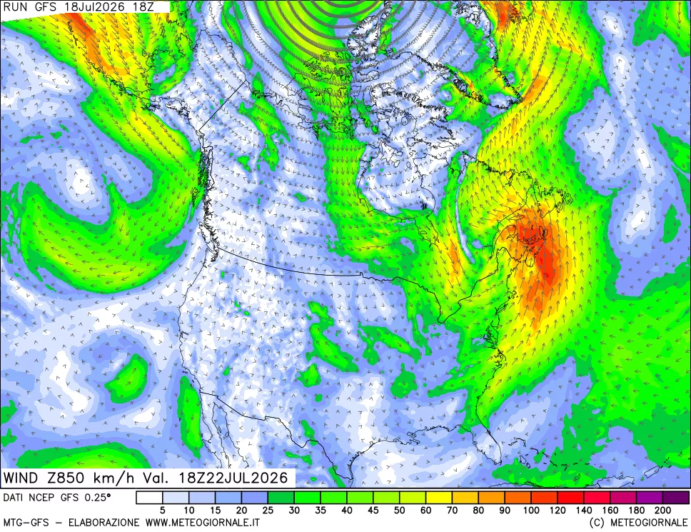 mappa 850 hPa Vento forza e direzione