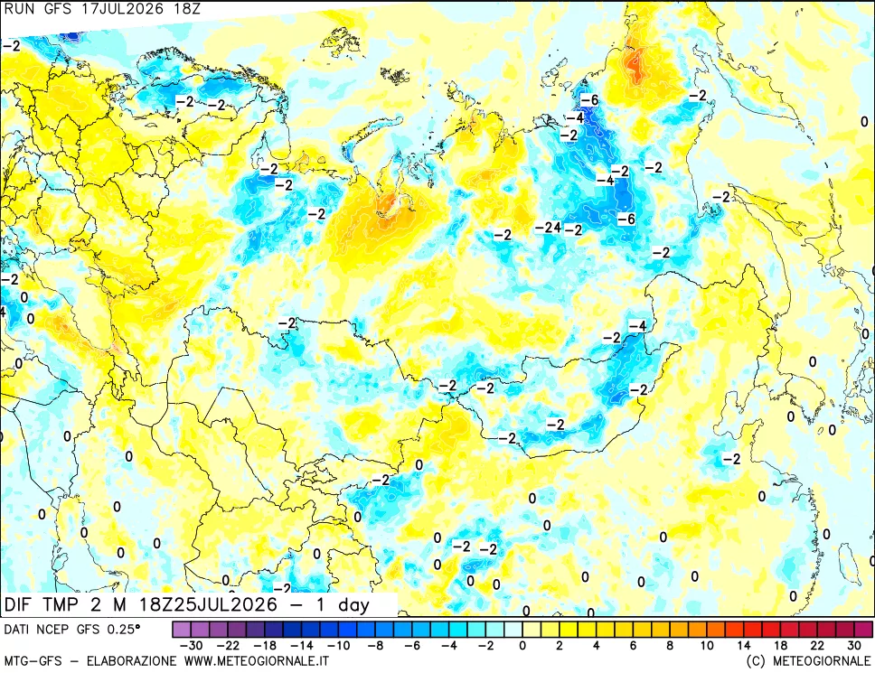 mappa Dif. Temp a 2 metri Valid - 1 day