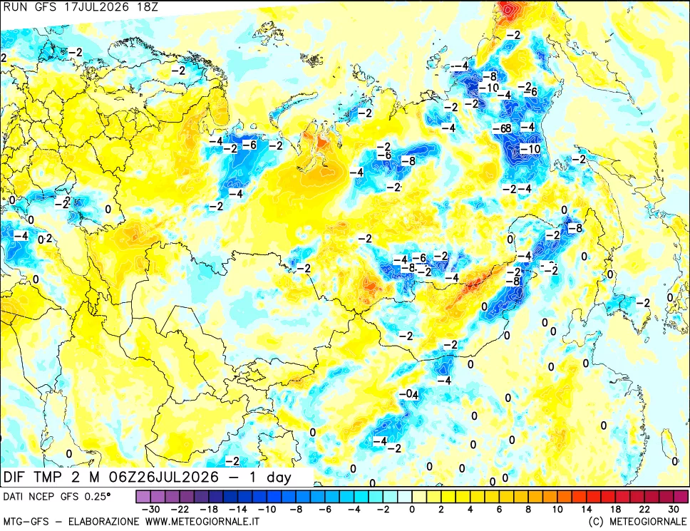 mappa Dif. Temp a 2 metri Valid - 1 day