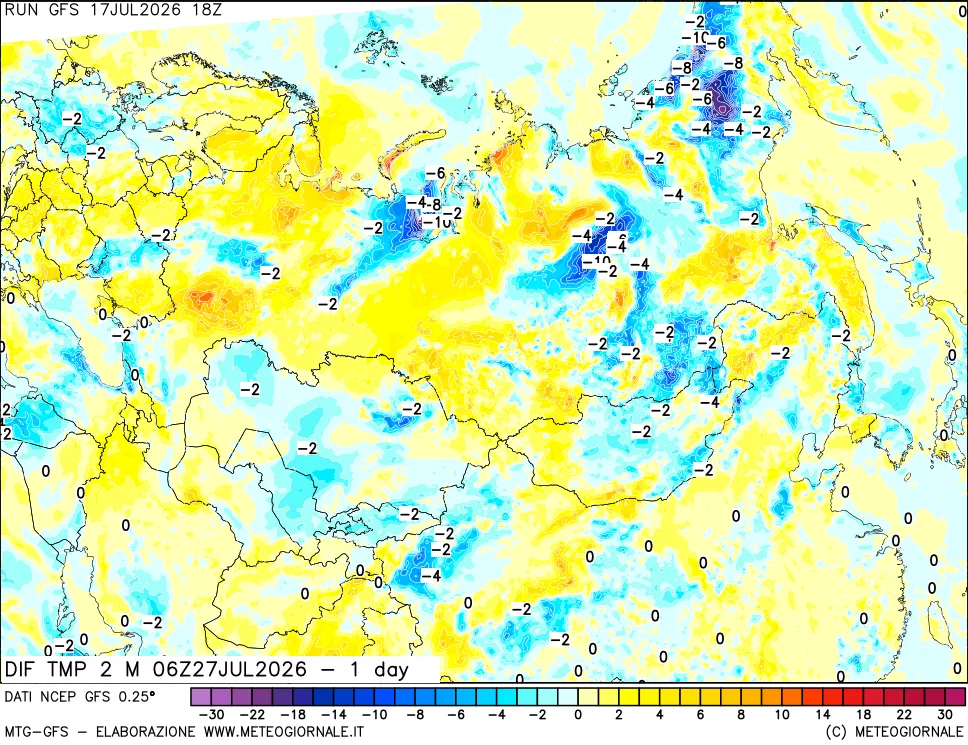 mappa Dif. Temp a 2 metri Valid - 1 day