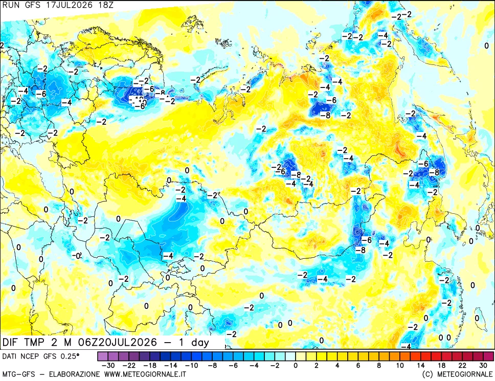 mappa Dif. Temp a 2 metri Valid - 1 day