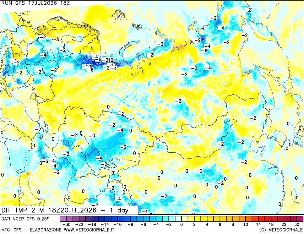 mappa Dif. Temp a 2 metri Valid - 1 day