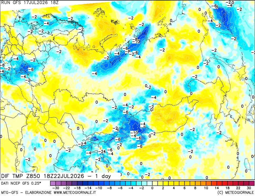 mappa Dif. Temp a 850 hPa Valid - 1 day