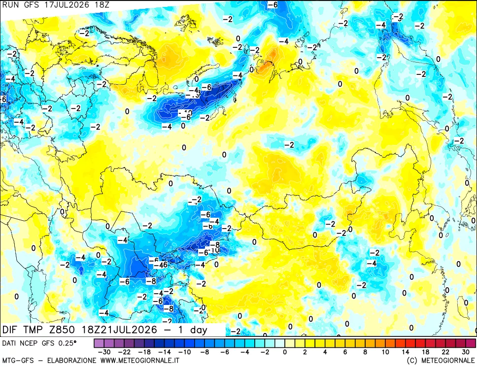 mappa Dif. Temp a 850 hPa Valid - 1 day