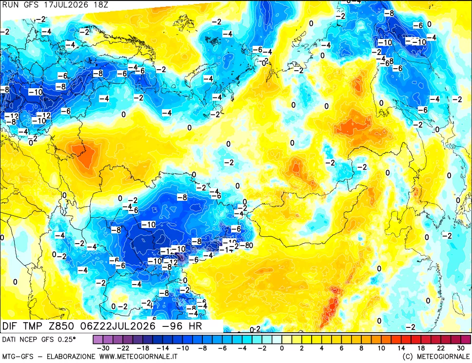 mappa Dif. Temp a 850 hPa Valid - Init