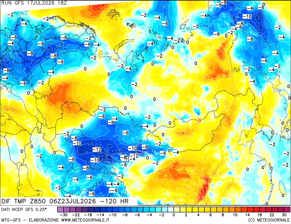 mappa Dif. Temp a 850 hPa Valid - Init