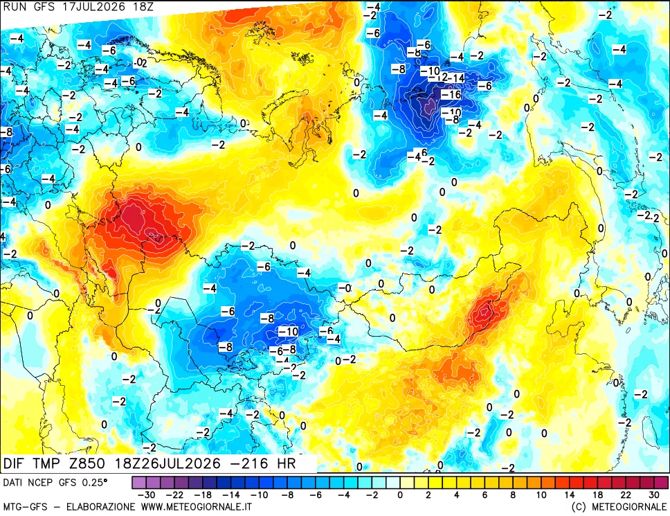 mappa Dif. Temp a 850 hPa Valid - Init