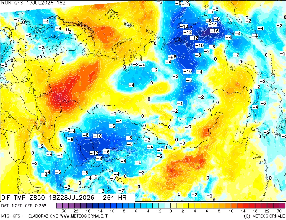 mappa Dif. Temp a 850 hPa Valid - Init