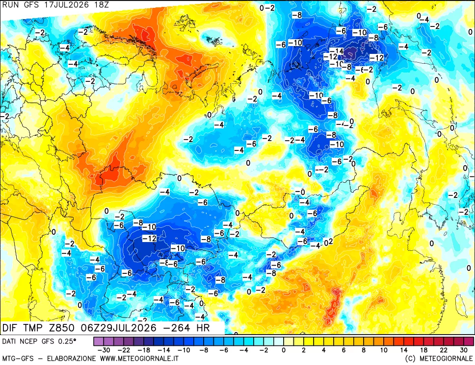 mappa Dif. Temp a 850 hPa Valid - Init