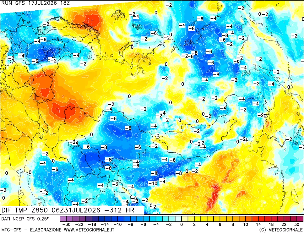 mappa Dif. Temp a 850 hPa Valid - Init