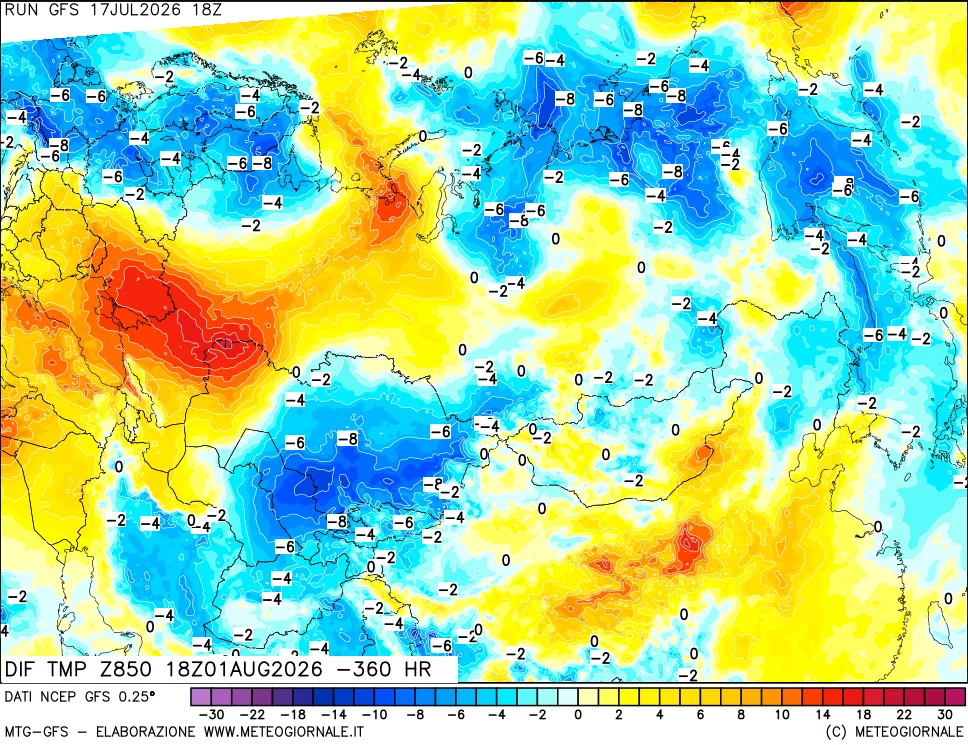 mappa Dif. Temp a 850 hPa Valid - Init