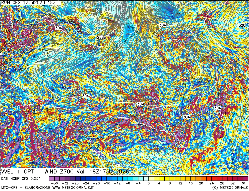 mappa 700 hPa Velocit&agrave; verticiali + GPT + Vento
