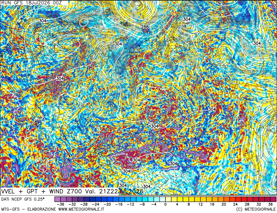 mappa 700 hPa Velocit&agrave; verticiali + GPT + Vento