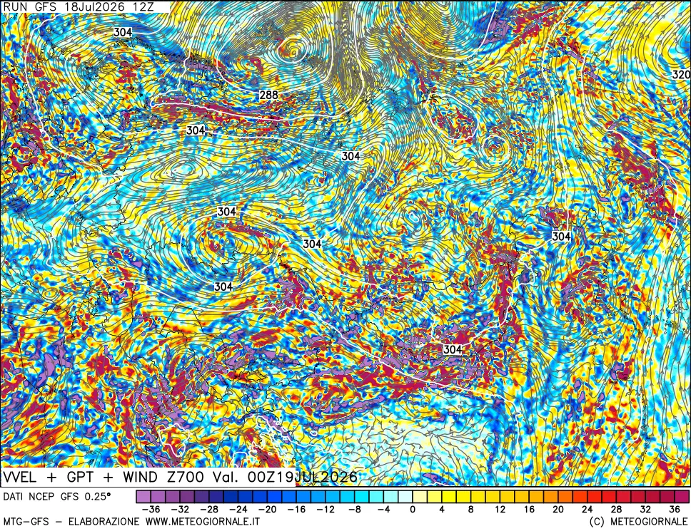 mappa 700 hPa Velocit&agrave; verticiali + GPT + Vento
