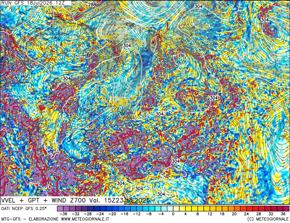mappa 700 hPa Velocit&agrave; verticiali + GPT + Vento