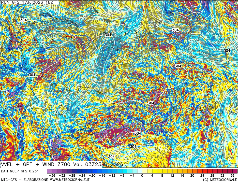 mappa 700 hPa Velocit&agrave; verticiali + GPT + Vento