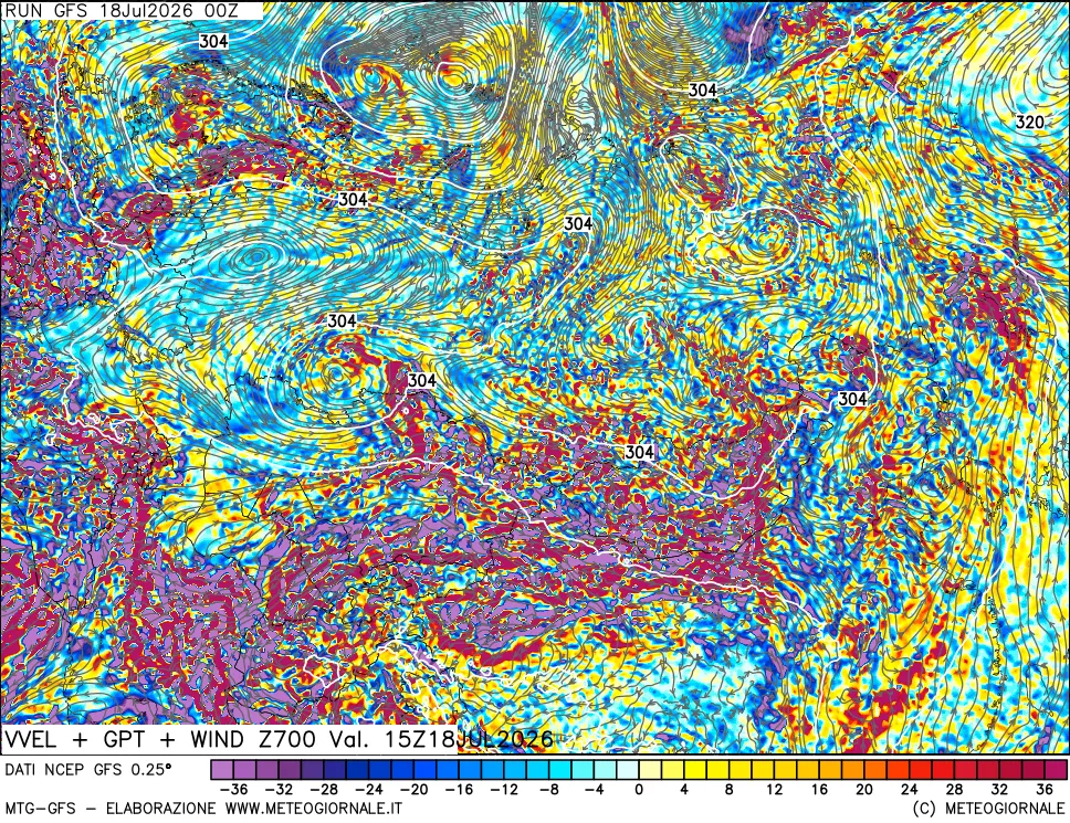mappa 700 hPa Velocit&agrave; verticiali + GPT + Vento
